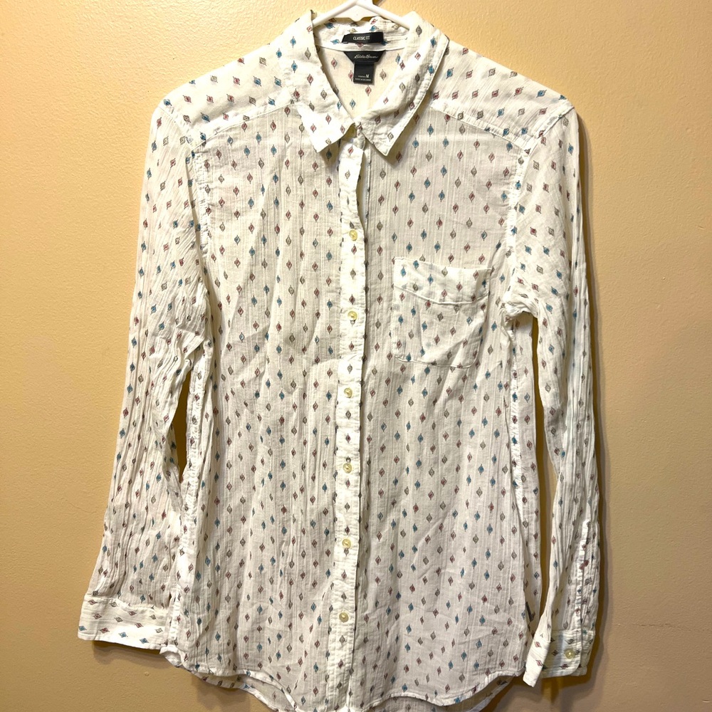 Eddie Bauer Diamond Print Gauze Button Down Shirt, Women’s M